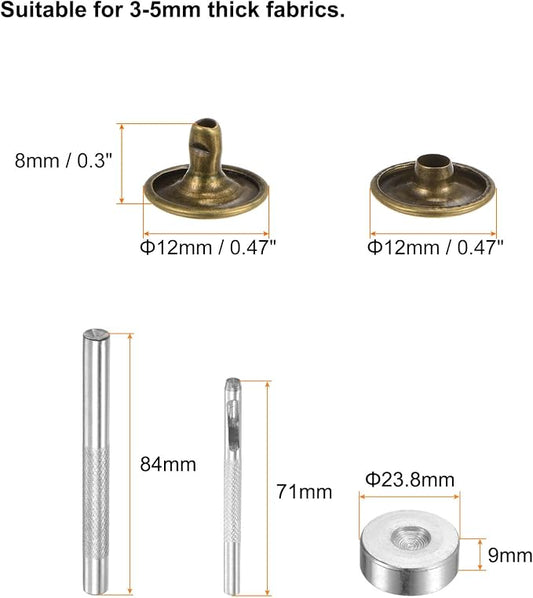 HARFINGTON 100 Sets Leather Rivets 8 x 12mm Metal Double Cap Rivet Snaps Studs Fasteners with 3pcs Setting Tools for Leather Craft DIY Repair Decoration, Bronze