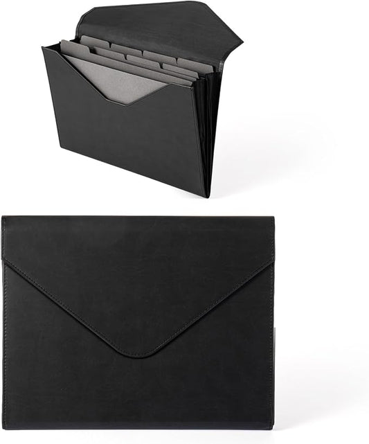 Heture PU Leather Heavy-Duty Expanding File Folder, A5/US Letter Size Document Organizer with 8 Paper File Folders, 4-1/2 Inch Expansion, Black – for Office, Auto Shop, School Paperwork.