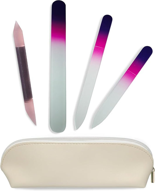 Alban Czech Glass Nail File Set with Manicure Stick & Vegan Leather Cosmetic Case (Purple-Pink Nail FilesPink Manicure Stick & Cream Cosmetic Case)