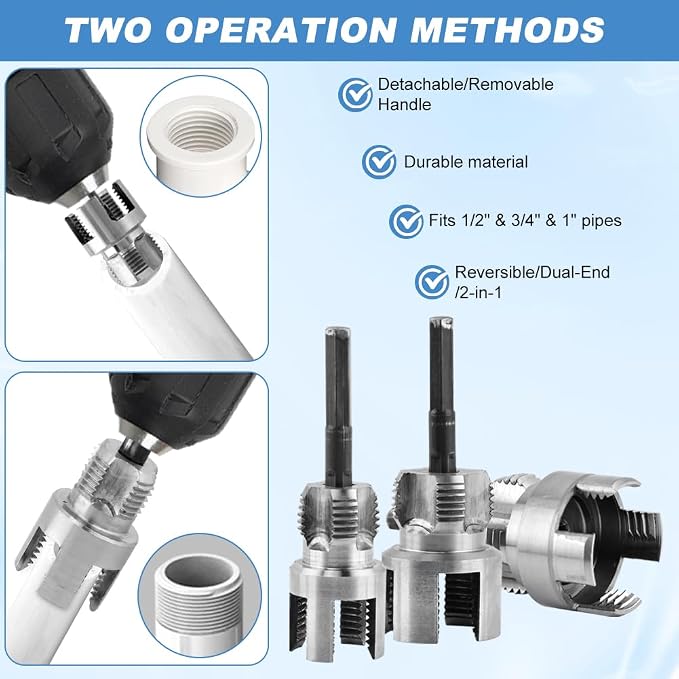PVC Pipe Threading Tool Kit, 10Pcs Dual Internal & External Pipe Threader Set for 1/2", 3/4" & 1" Plastic Pipes, Carbon Steel Drill-Powered Tapping Tool for Plumbing, Irrigation & Home Repair