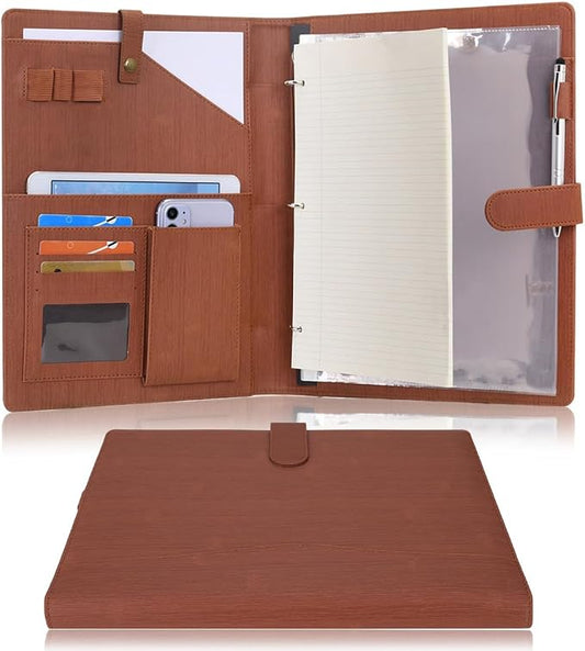 Wonderpool A4 PU Leather Portfolio Holder Ring File Document Case with Removable Binder Clipboard, Multi Pocket and Legal Pad for Business Organizer Interview and Meeting (Brown)