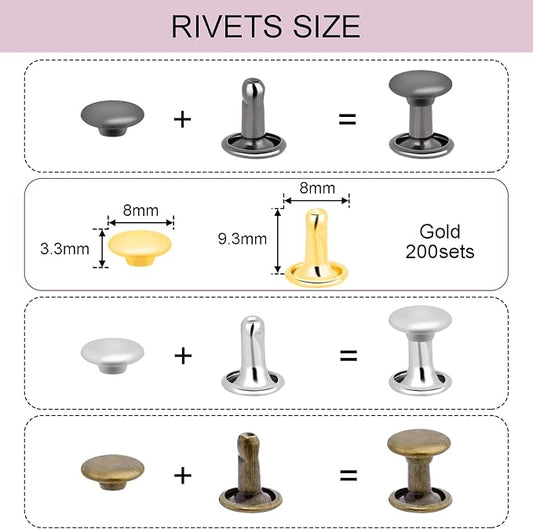 200Sets 8mm Round Double Caps Leather Rivets Metal Tubular Studs for Bags Hats Shoes Clothing Leather DIY Craft Repair and Decoration (Gold)