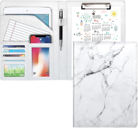 Marble Portfolio Case, WAVEYU Padfolio Cover Folder for Men, Conference/Resume/Legal Document Organizer with Letter/A4 Size Clipboard Hardboard, Business Card Holders, Document Sleeve, White Marble