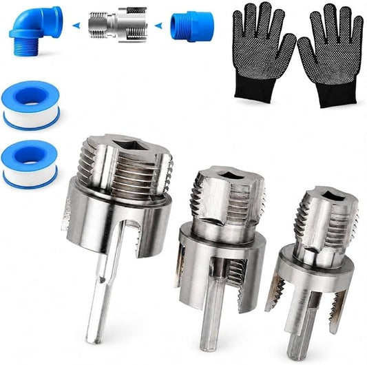 PVC Pipe Threader Kit, Internal And External Threading Tool For 1/2 3/4 1 Inch Plastic Pipes, Drill Compatible Pipe Thread Cutting Tool Set With 3 Hex Adapters, Gloves And Thread Seal Tape
