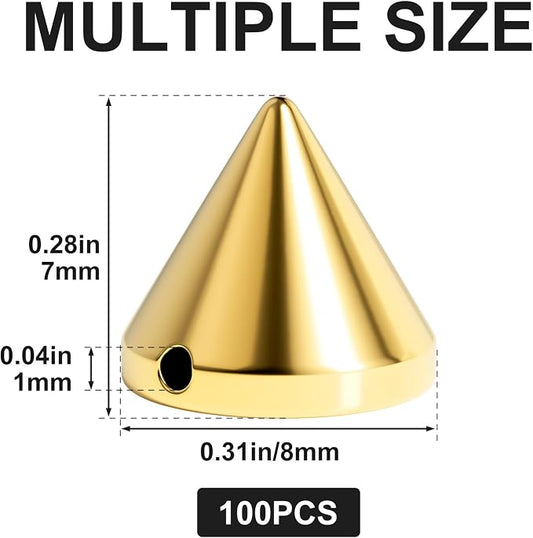OIIKI 100PCS 8mm ABS Bullet Spike Cone Studs, Rivets Cone Spike Studs Beads, Flat Back Punk Spikes DIY Crafts Studs Glue on Decoration for Clothing Leather Clothes Belt Bag Shoes Jewelry - Light Gold