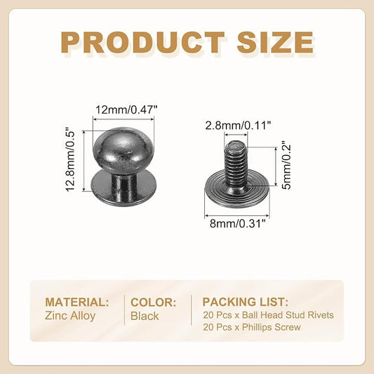 PATIKIL 12 mm Leather Rivets, 20 Sets Ball Head Stud Screw Back Round Head Button Chicago Screw Nipple Stud Rivet for Leather DIY Craft Handbag Belt Repairs, Black