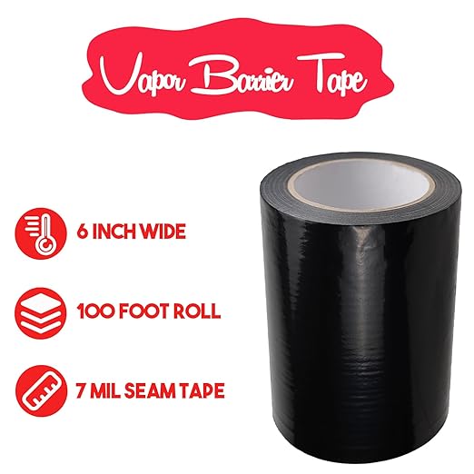 Vapor Barrier Tape, 7 Mil Black Polyethylene Tape Sealing Moisture Barrier Seam, Seal Tape for Crawl Space, Underlayment, Marine Use, White Insulation Tape, Waterproof, 6 Inch, 100 Foot Roll