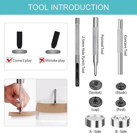45 Set Leather Snap Fasteners Kit, 15mm Stainless Steel Leather Snaps Kit with 4 Install Tools, 3 Color Snaps for Clothes, Jacket, Down Jeans Wears, Bracelets, Bag, DIY Crafts