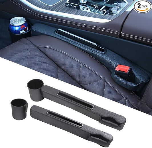 Advanced 3-in-1 Car Seat Gap Filler Organizer 2 Packs, PU Leather Console Side Storage Pad with Removable Cupholder, Anti-Slip Blocker for Phone Coins Keys