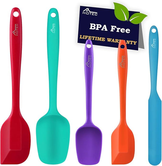HOTEC Heat Resistant 600℉ Food Grade Silicone Rubber Spatula Set for Baking, Cooking, and Mixing Non Stick Dishwasher Safe BPA-Free Multicolor Set of 5