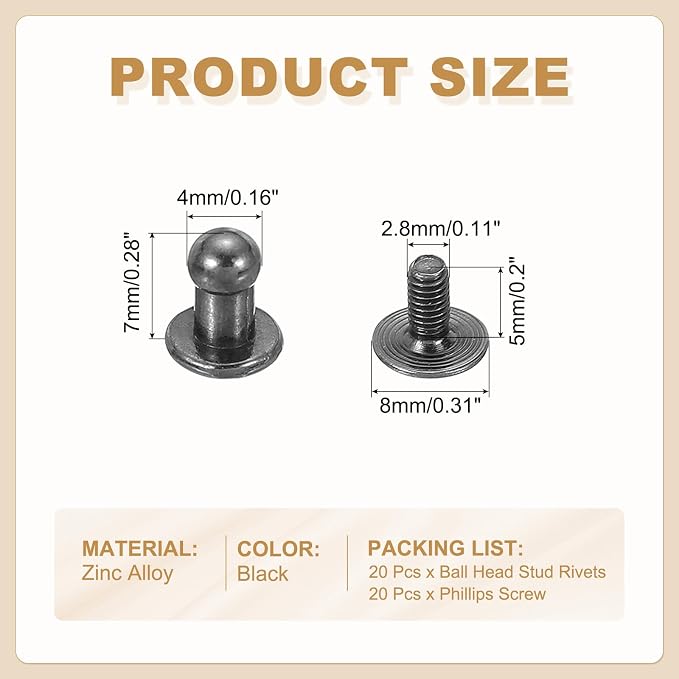 PATIKIL 4 mm Leather Rivets, 20 Sets Ball Head Stud Screw Back Round Head Button Chicago Screw Nipple Stud Rivet for Leather DIY Craft Handbag Belt Repairs, Black