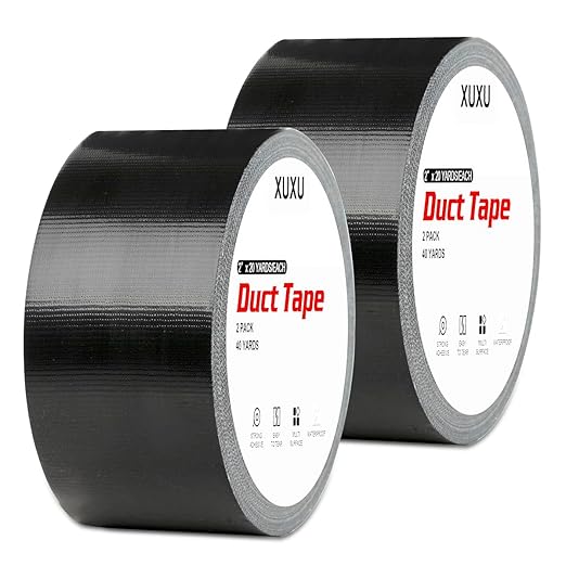 XUXU 2 Pack Black Duct Tape Heavy Duty Waterproof, Strong Adhesive Duct Tape Bulk for Indoor Outdoor Repairs, 40 Yards x 2 Inch Total