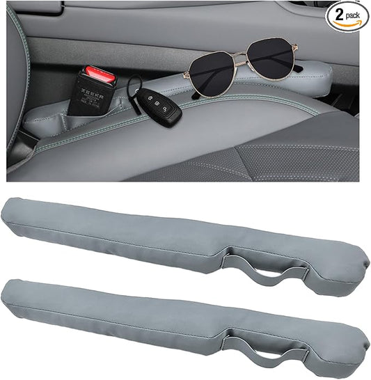 2PCS Leather Car Seat Gap Filler, No-Drop Seat Side Gap Plug Crevice Blocker with Securing Strap, Elastic Filler Block The Gap Between Seats & Console for Truck SUV Sedan (Light Gray)