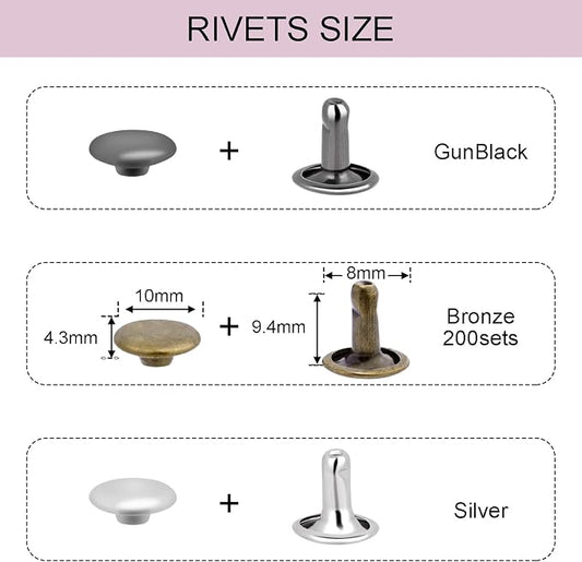200Sets Rivets for Leather, 10mm Double Cap Leather Rivets Metal Tubular Studs for Key Fob Clothing Pets Collar Boots Bags Belt Repair and Decoration (Bronze)