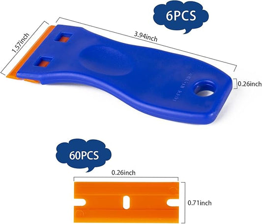 Plastic Razor Blade Scraper Tool, 6 Pcs Razor Scraper with 60 Pcs Plastic Blades, Cleaning Scraper Remover for Removal Floor Stove Scraping Labels and Decals Sticker on Car Window Glass
