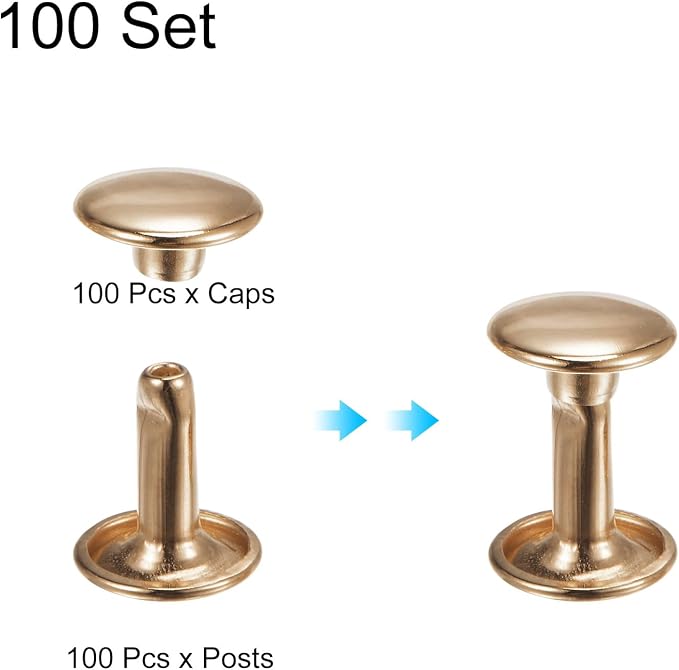 HARFINGTON 100 Sets Double Cap Leather Rivets, 9x10mm Round Cap Tubular Metal Studs Leather Crafting Rivets for Fabric Belt Pet Collar Boot Bag Repair and Decoration, Light Gold