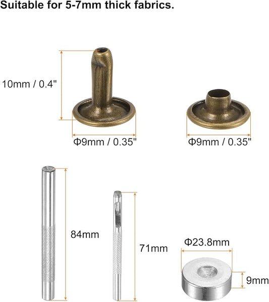 HARFINGTON 100 Sets Leather Rivets 10 x 9mm Metal Double Cap Rivet Snaps Studs Fasteners with 3pcs Setting Tools Rivets for Leather Craft DIY Repair Decoration, Bronze