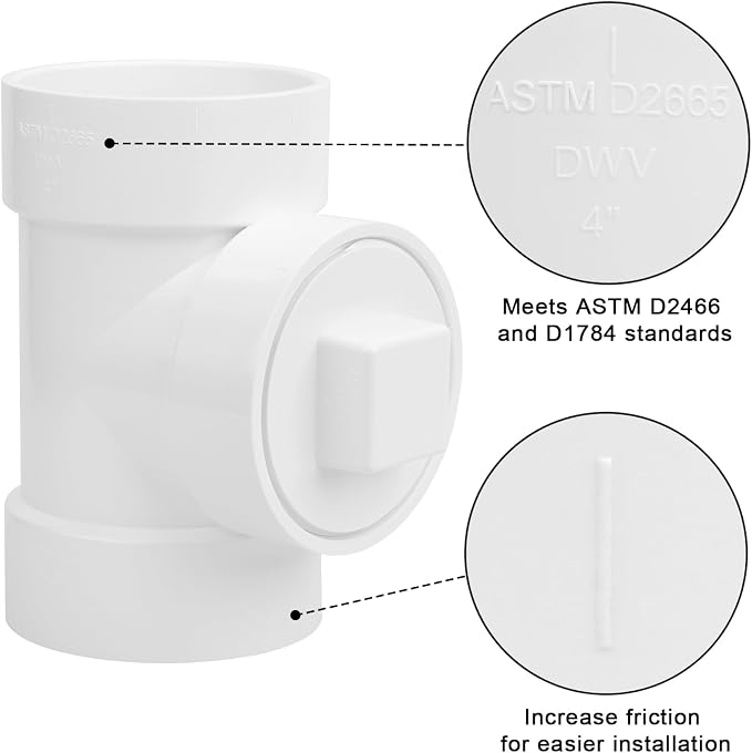 4IN PVC DWV Cleanout Tee with Plug Pipe Fitting (Socket x Socket x FPT) SCH40 4IN DWV PVC Sewer Cleanout Tee with NPT Female Cap Cover for pipe, Drain, Waste, Vent