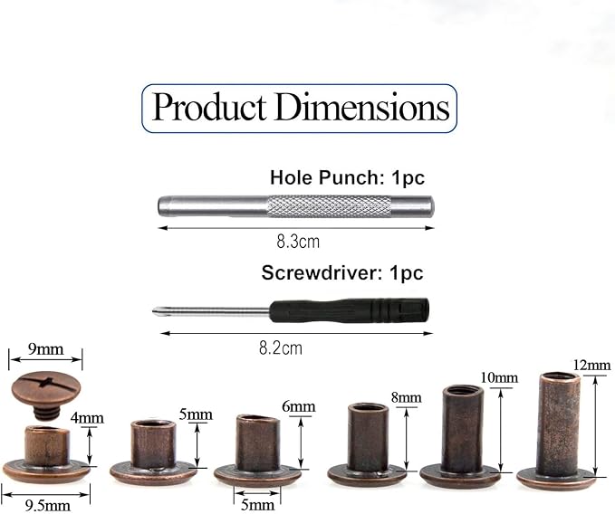 ALLOYGOLD 90 Sets Red Cooper Chicago Screws Leather Assorted Kit ，6 Sizes of Chicago Screw Rivets for DIY Leather Craft and Bookbinding (M5 X 4, 5, 6, 8, 10, 12)