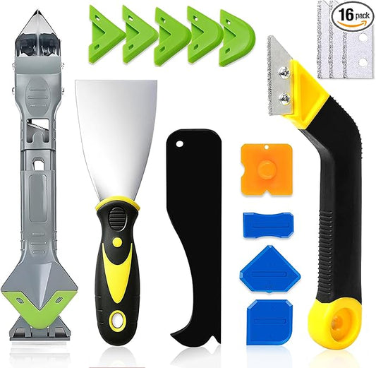 Silicone Caulking Tool Kit, 5 in 1 Sealant Finishing Tool with Stainless Steel Head, Putty Knife, 3 Glass Glue Corner Scrapers, Grout Removal Tool for Kitchen Bathroom Floor Window