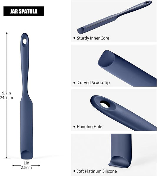 Doosu Silicone Jar Scraper Spatula, 600°F Heat Resistant Rubber Scraping Tool for Jam Nut Butter Sourdough, Flexible Skinny Cream Spreader Long Slim Kitchen Spurtle for Jar Blender Bottle (Navy Blue)