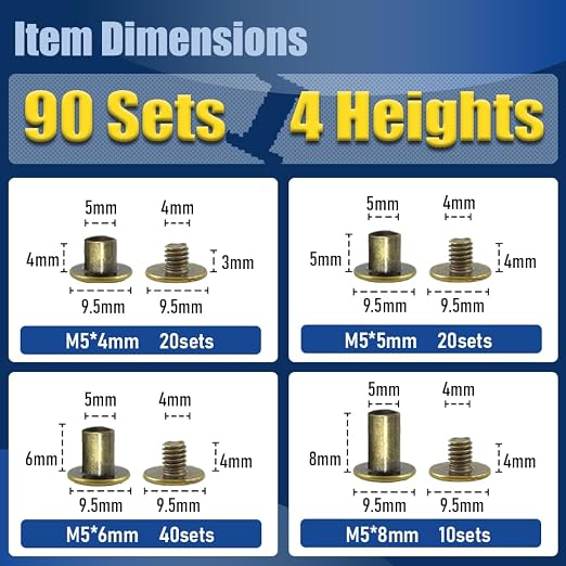 90 Sets Bronze Chicago Screws Leather Rivets Kit, 4 Sizes (M5*4,5,6,8) & 2 Screw Lengths (M4*3,4) for Belts, Bookbinding, DIY Leather (Bronze)