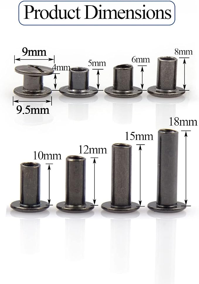 110 Sets Black Chicago Screws Leather Assorted Kit ，8 Sizes of Rivet Screws for Chicago Rivet for DIY Leather Craft and Bookbinding (M5 X 4, 5, 6, 8, 10, 12,15,18)