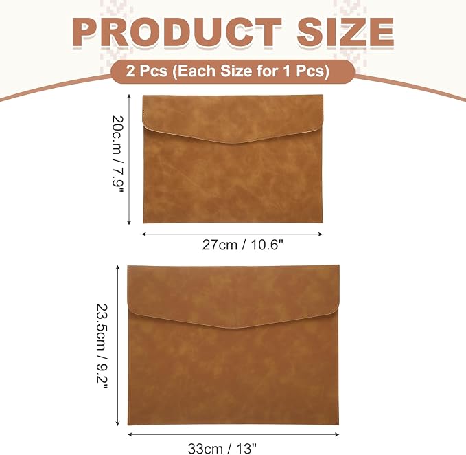 PATIKIL 2Pcs PU Leather File Folders, 13x9 A4 Document Holder Waterproof Envelope Folder with Snap Closure, Portable Portfolio Organizer Case for Paper Receipt, Brown