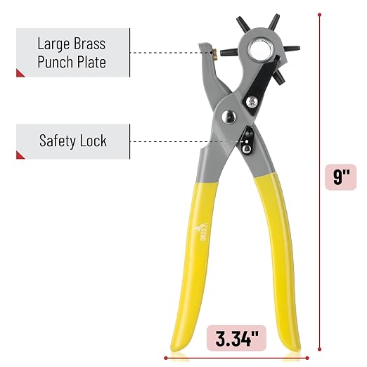 UNCO- Leather Hole Punch Tool, Multi Hole Sizes for Belts and Leather, Belt Hole Puncher, Yellow Handle