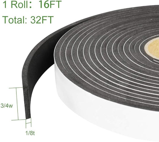 2 Rolls Foam Seal Tape for Door Window Seal Insulation, 3/4in Wx1/8in T Soundproof and Shockproof Weather Stripping Single Sided Door Foam Tape Cold Air Draft Closed Cell Weather Strip, Single 16FT