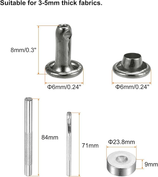 HARFINGTON 100 Sets Leather Rivets 8 x 6mm Metal Double Cap Rivet Snaps Studs Fasteners with 3pcs Setting Tools Rivets for Leather Craft DIY Repair Decoration, Gunmetal