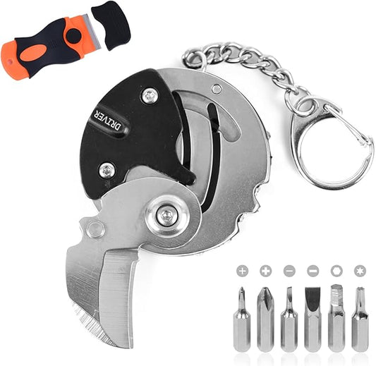 7-in-1 mini outdoor folding multifunctional tool - Small EDC Multitool with Screwdriver Set - portable pocket pendant -Compact Manual Tool (Silver stainless steel)