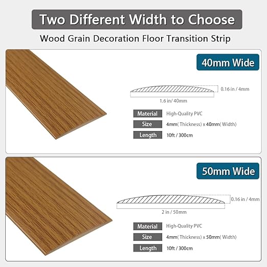 Floor Transition Strip 1.57" Self Adhesive Flat Vinyl Flooring Transitions Strip with Strong Backing Wood Grain (4cm, 10FT, Brown Wood Grain)