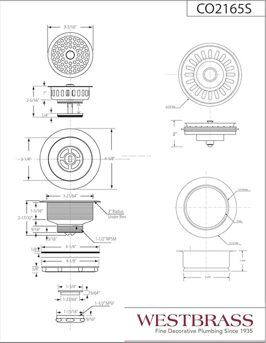 Westbrass CO2165S-50 COMBO PACK 3-1/2" Post Style Large Kitchen Sink Basket Strainer and Waste Disposal Drain Flange with Basket Strainer, Powder Coat White