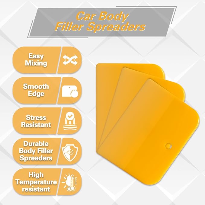 Body Filler Spreaders (Pack of 100) - 6 Inch Yellow Reusable Auto Body Plastic Filler Spreader Tool for Automotive Body Applying Fillers, Putties, Glazes, Caulks - Autobody Paint Repairs