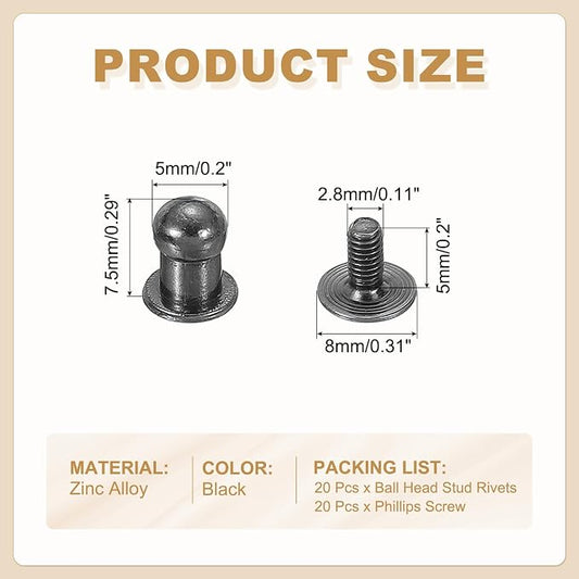 PATIKIL 5 mm Leather Rivets, 20 Sets Ball Head Stud Screw Back Round Head Button Chicago Screw Nipple Stud Rivet for Leather DIY Craft Handbag Belt Repairs, Black