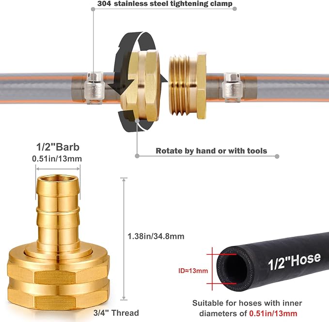 Solid Brass Garden Hose Repair kit Connector with Clamps 1/2" Barb x 3/4" Female,Fit for Garden Hose Fitting,Male and Female Hose Fittings