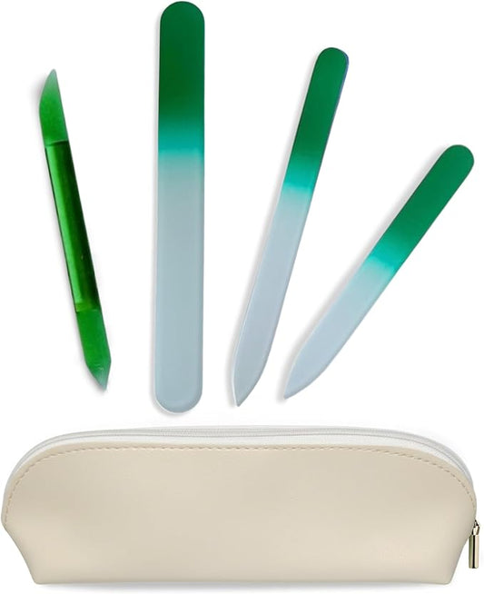 Alban Czech Glass Nail File Set with Manicure Stick & Vegan Leather Cosmetic Case (Green Nail Files, Green Manicure Stick & Cream Cosmetic Case)