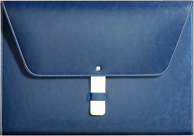 PU Leather A4 File Folder Large Document Holder Waterproof Envelope Folder Case with Handmade Closure (Blue)