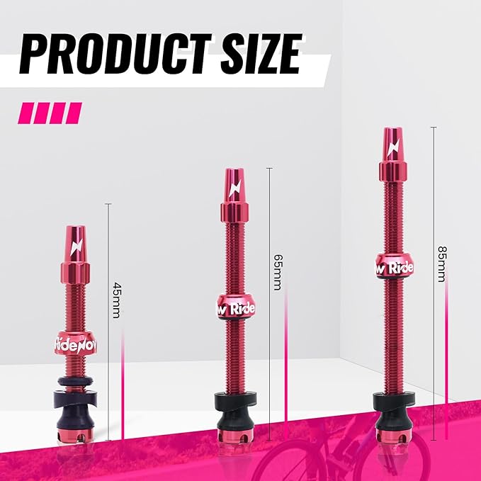 RideNow Tubeless Presta Valve Stems, 45mm Super Light 7075 Aluminum Alloy Presta Tubeless Valve Stem Kit with Valve Core Remover Tool and Valve Stem Caps, Multiple Color & Size Options(Pair), Rose Red