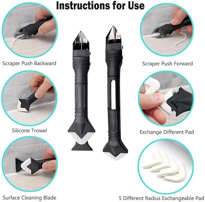 2 Pack 3-IN-1 Caulk Tool for Removal and Application, for Bathroom, Kitchen, Flooring, Windows, Sinks and Frames Seal