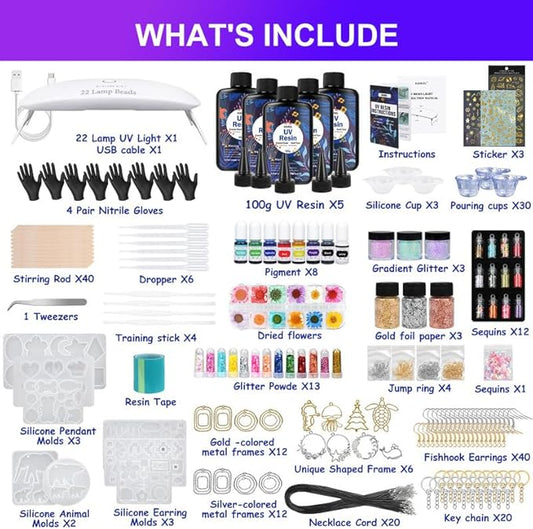 KISREL UV Resin Jewelry Making Kit - 500g Crystal Clear UV Resin, Large Light with 22 Beads and Jewelry Molds, Fast Curing for Keychains, Earring Making, DIY Craft Decorations