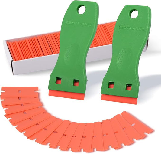 FOSHIO 2PCS Green Plastic Razor Sticker Remover Paint Scrapers with Contoured Grip + 100 PCS 1.5 inch Refillable Double Edge Plastic Razor Blades for Cleaning Adhesive Vinyl Decals Stickers Labels