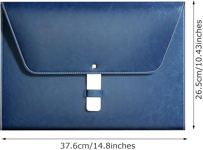 PU Leather A4 File Folder Large Document Holder Waterproof Envelope Folder Case with Handmade Closure (Blue)