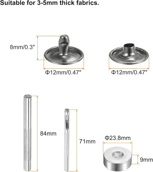 HARFINGTON 100 Sets Leather Rivets 8 x 12mm Metal Double Cap Rivet Snaps Studs Fasteners with 3pcs Setting Tools Rivets for Leather Craft DIY Repair Decoration, Gunmetal