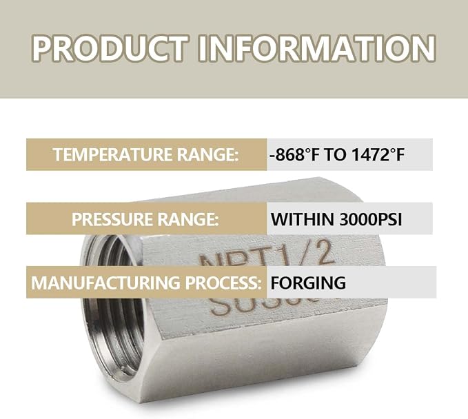 Bwintech 1 Pcs 304 Stainless Steel Forging Hex Coupling, 1/2" NPT x 1/2" NPT Female Threaded Piple Fittings, Hex Coupling Rod Version