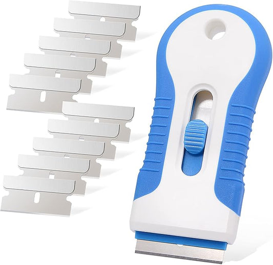 EHDIS Car Sticker Remover Glass Cooktop Razor Scraper with 10pcs Replace Blades for Label,Glue,Paint,Adhesive Remover,Oven Door, Stove Cleaning (Blue)