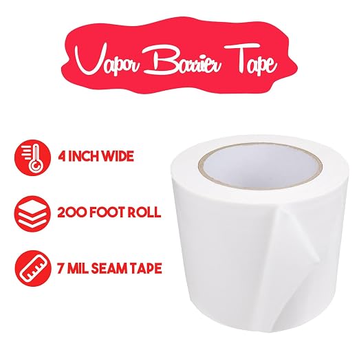 Vapor Barrier Tape, 4 Inch x 200 Feet Polyethylene Tape Sealing Moisture Barrier Seam, Seal Tape for Crawl Space, Underlayment, Marine Use, White Insulation Tape, Waterproof