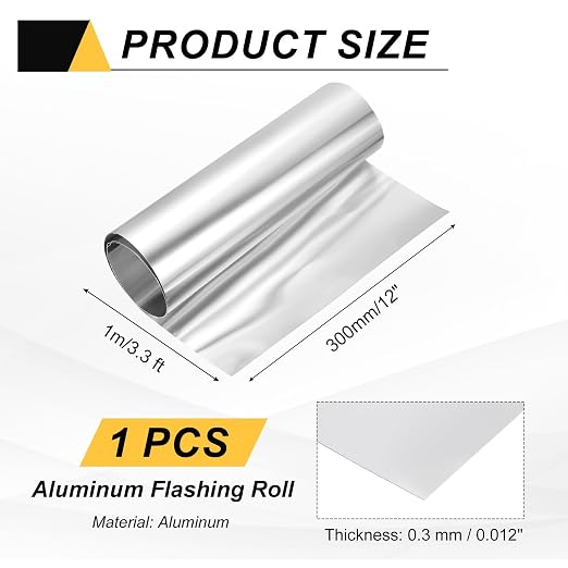 uxcell Aluminum Flashing Roll, 12in x 3.3ft Metal Roof Panels 0.3mm Waterproof Aluminum Sheet Roll for House Repair, Roof Flashing, Sealing Windows Doors, DIY Projects