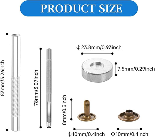 100 Sets Leather Rivets 10x8mm Double Cap Rivets Snaps Metal Studs Fasteners with 3pcs Setting Tools for Leather Craft DIY Repair Decoration, Bronze